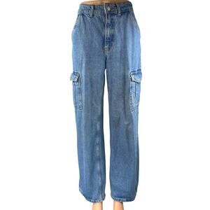 Zara Women's Blue High Waisted Straight Wide Leg Cargo Denim Jeans Pants Size 2
